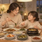 부모와 아이가 함께 식탁에 앉아 같은 반찬을 나눠 먹는 가정집 저녁 식사 장면