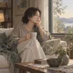 중년 여성이 창가 소파에 앉아 차를 든 채 생각에 잠긴 차분한 실내 장면