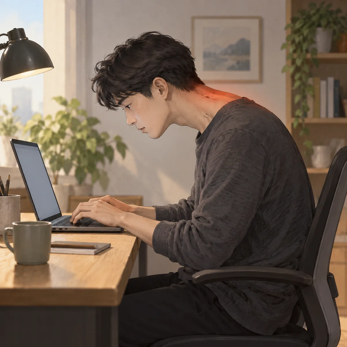 책상에서 노트북을 내려다보며 목을 앞으로 내민 사람의 측면 모습과 뻣뻣해진 뒷목 부위