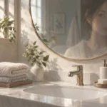밝은 세면대 위 거울과 접어 둔 수건, 거울에 흐릿하게 비친 한쪽 얼굴 윤곽