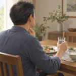 식탁 앞에 앉아 물컵을 들고 목 아래를 손으로 짚는 중년 남성의 뒷모습과 거의 손대지 않은 식사 접시