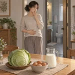 화장실 문 앞에서 배를 만지며 생각에 잠긴 사람과 식탁 위에 놓인 양배추, 달걀, 우유가 함께 보이는 장면