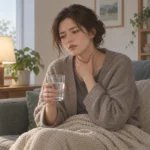 구토 후 목을 손으로 감싸며 물컵을 들고 앉아 있는 사람의 모습