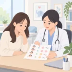 진료실에서 보호자와 의료진이 틱 증상 기록지를 함께 살펴보는 장면
