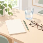 밝은 실내 탁자에 놓인 메모지와 펜, 물컵, 안경이 나란히 보이는 차분한 장면