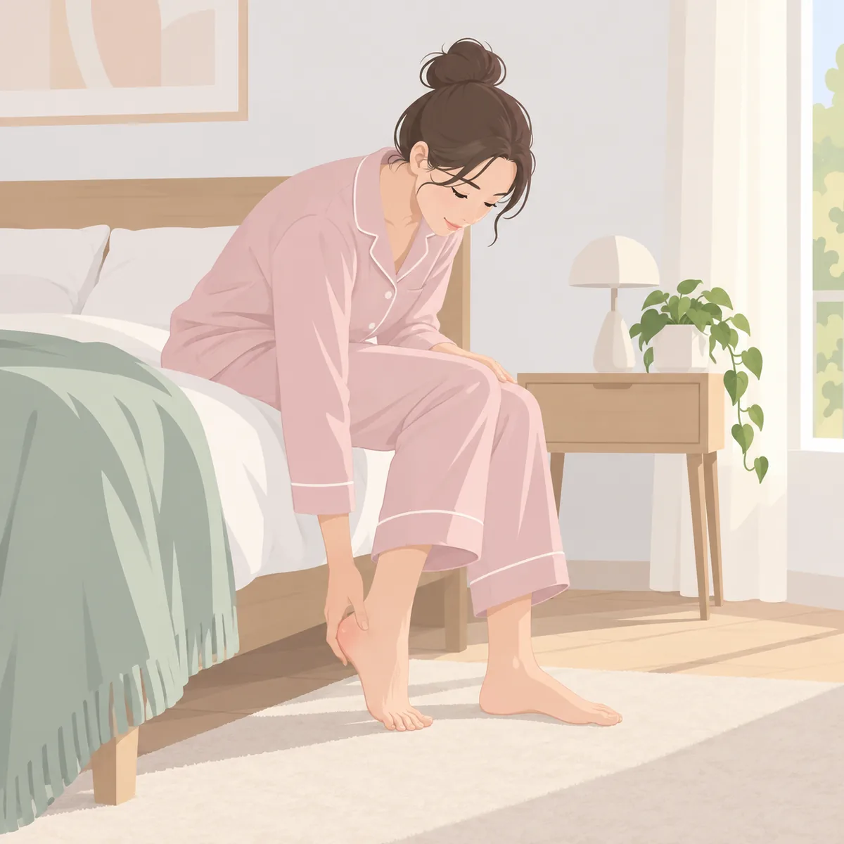 아침에 침대에서 내려와 맨발로 바닥을 디디며 발뒤꿈치를 손으로 짚는 모습