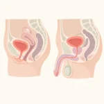 여성과 남성의 요도·방광 위치 차이를 나란히 보여 주는 단순한 해부 일러스트