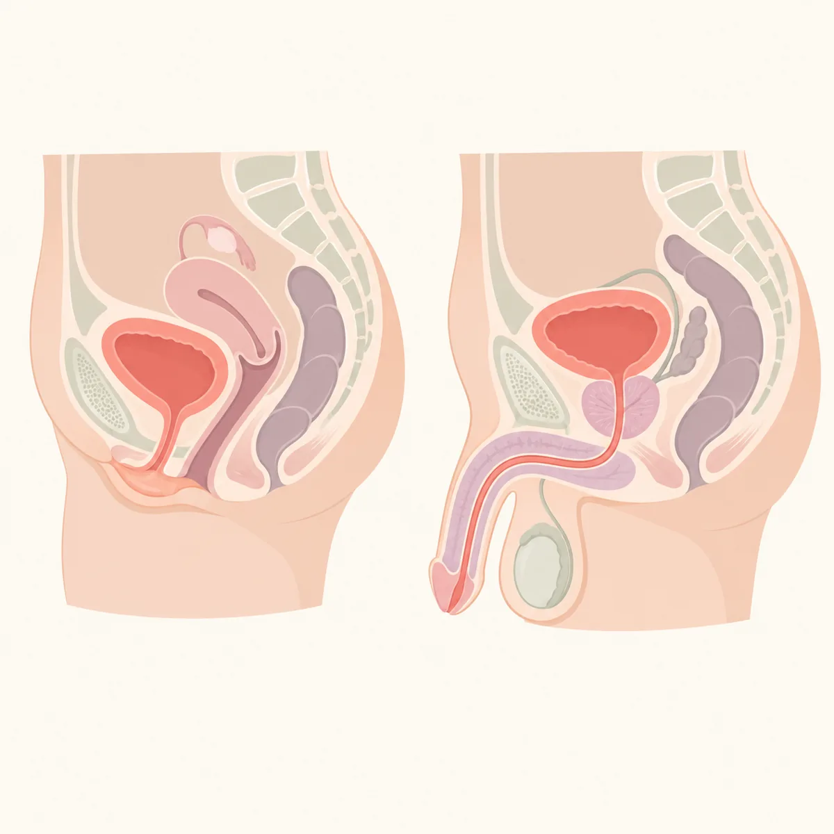 여성과 남성의 요도·방광 위치 차이를 나란히 보여 주는 단순한 해부 일러스트
