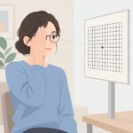 안경을 쓴 채 한쪽 눈을 손바닥으로 가볍게 가리고 바둑판 모양의 암슬러 격자 가운데 점을 바라보는 모습