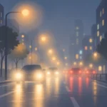 밤거리 가로등과 자동차 불빛이 뿌옇게 번져 보이는 흐린 시야 장면