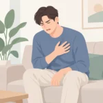 가슴에 손을 얹고 답답한 표정으로 앉아 있는 사람