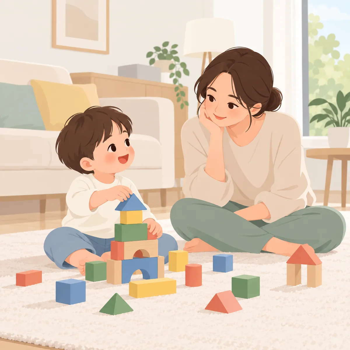 보호자가 거실 바닥에 앉아 블록 놀이를 하는 아이와 눈을 맞추며 아이의 모습을 지켜보는 장면