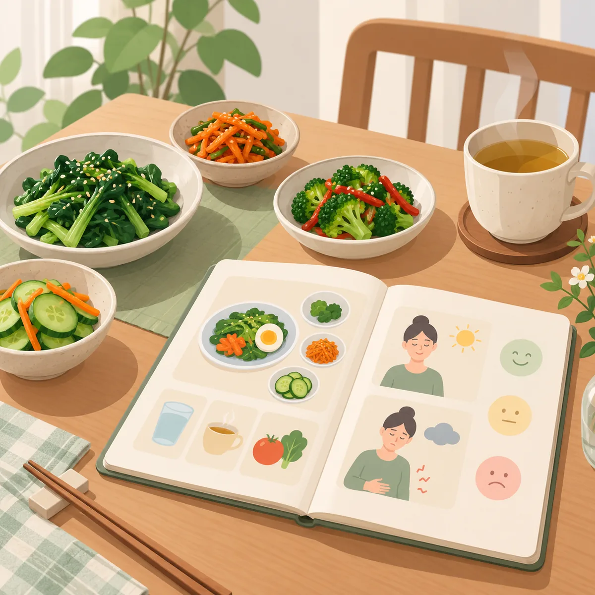 채소 반찬과 따뜻한 차가 놓인 식탁 옆에 펼쳐진 식사·증상 기록 노트