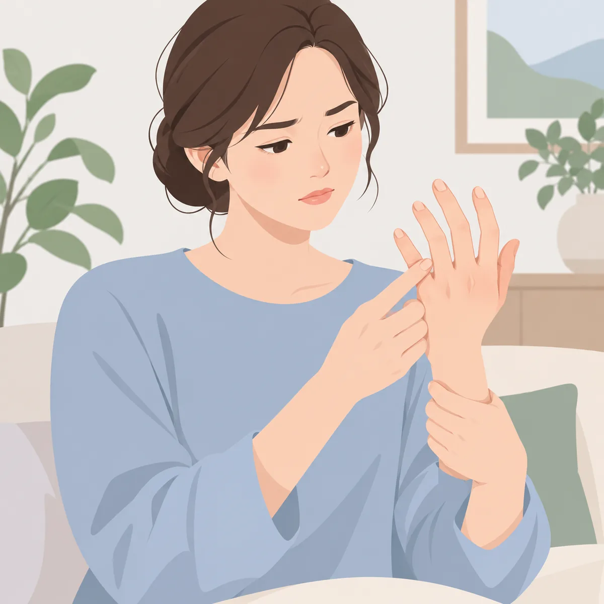 양손 손가락 마디와 손목을 만지며 붓기를 살피는 모습