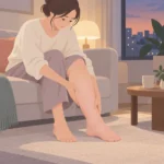 저녁에 소파에 앉아 부은 종아리와 발목을 손으로 살펴보는 사람의 다리