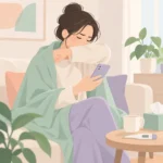 기침하는 성인이 체온계를 옆에 두고 휴대전화에 증상을 메모하는 모습