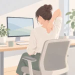 모니터가 놓인 사무실 책상 앞 의자에 앉아 한 손을 어깨 뒤로 넘겨 날개뼈 부근 등을 짚고 있는 사람