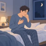 밤에 침대에 앉아 가슴에 손을 얹고 기침하는 성인
