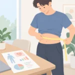 건강검진 결과지가 놓인 책상 옆에서 줄자로 허리둘레를 재는 모습