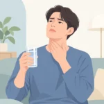 물컵을 든 채 목에 손을 대고 삼키기 불편해하는 성인의 모습