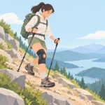 경사진 등산로를 내려오는 등산객의 무릎에 착용된 무릎보호대