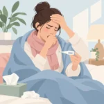 이마에 손을 얹은 채 체온계를 확인하며 기침하는 사람