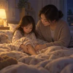 밤 조명이 켜진 아이 방 침대에서 담요 아래 다리를 만지는 아이와 옆에 앉아 살펴보는 보호자의 모습