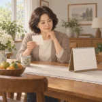 중년 여성이 식탁에 앉아 메모지와 달력을 번갈아 보며 일정을 확인하는 차분한 실내 장면