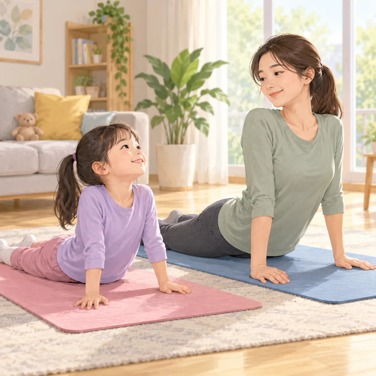 초등학생 아이가 매트 위에서 보호자와 함께 등을 펴는 스트레칭 동작을 하는 밝은 실내 장면