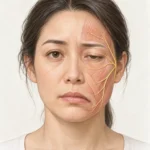 한쪽 얼굴 근육이 처진 사람의 얼굴 윤곽과 얼굴 신경 경로를 단순한 선으로 표현한 의료 설명 이미지