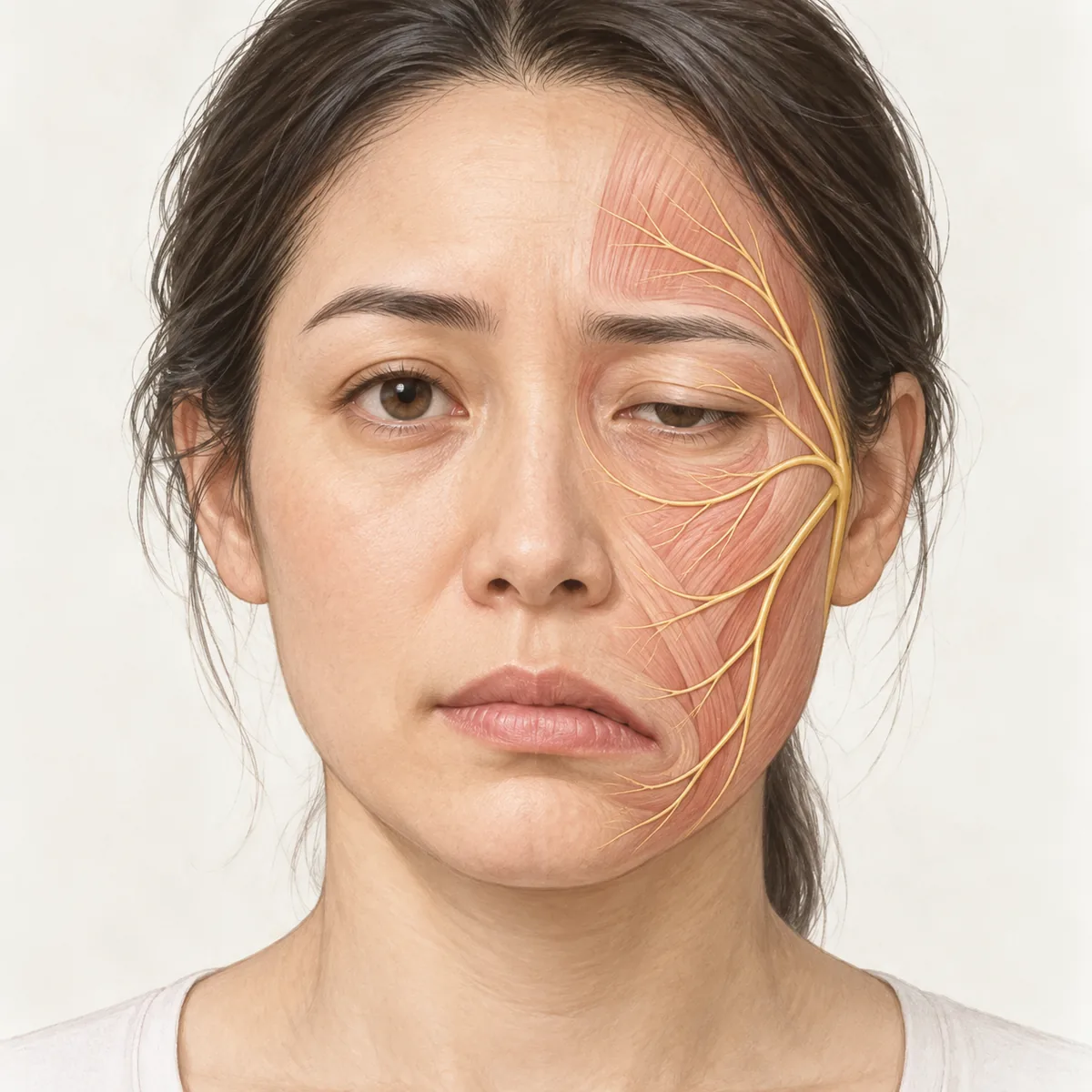 한쪽 얼굴 근육이 처진 사람의 얼굴 윤곽과 얼굴 신경 경로를 단순한 선으로 표현한 의료 설명 이미지