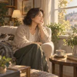 창가에 앉아 생각에 잠긴 중년 여성과 옆에 놓인 따뜻한 차, 부드러운 오후 햇살이 드는 거실