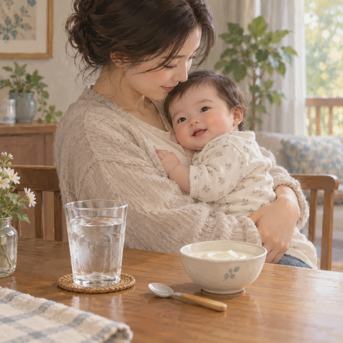 보호자 품에 안긴 아기 옆 식탁에 차가운 물컵과 작은 숟가락, 요구르트 그릇이 놓여 있는 장면