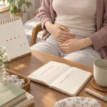 달력에 표시된 생리 주기와 아랫배를 감싼 손, 통증 기록 수첩이 놓인 책상 장면