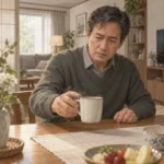 중년 남성이 식탁에서 컵을 들려 할 때 손이 떨려 잠시 멈춘 모습을 담은 거실 장면