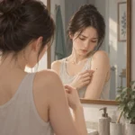 팔에 생긴 점을 거울 앞에서 들여다보는 사람의 모습