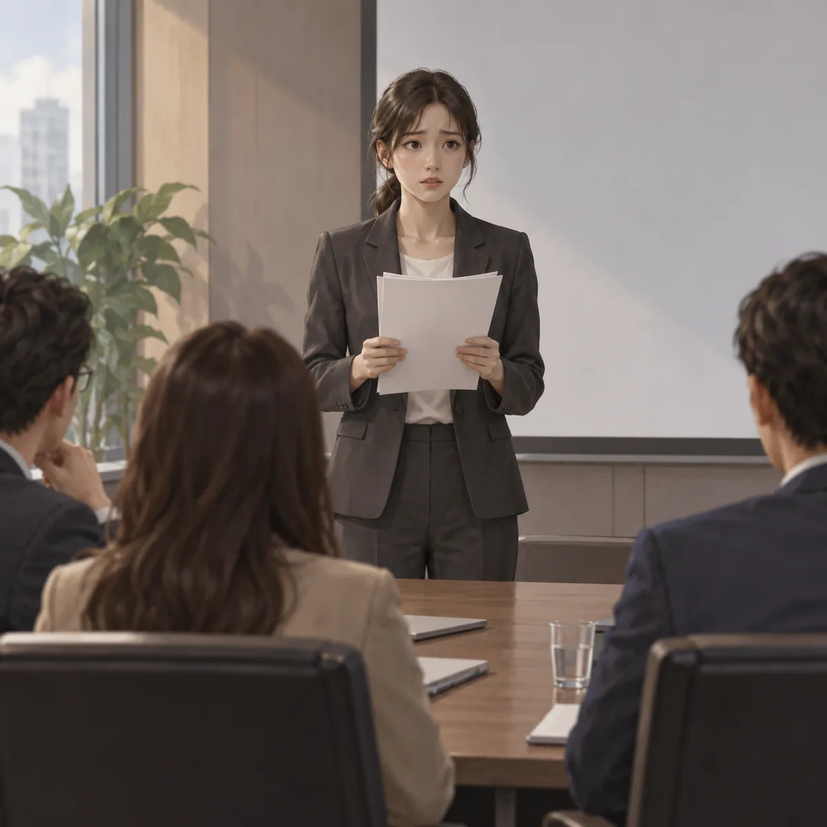 회의실에서 발표 자료를 든 사람이 앞에 앉은 참석자들을 바라보며 긴장한 표정으로 서 있는 장면