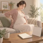 수첩과 달력이 놓인 탁자 옆 소파에 앉아 한 손으로 허리 아래를 받치고 있는 임신부의 모습