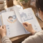 책상 위에 펼쳐진 아이 보험 증권과 병원 진료 서류를 손으로 넘겨 보는 보호자
