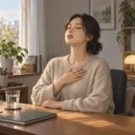 책상 앞에 앉아 한 손을 가슴에 얹고 길게 숨을 내쉬는 사람, 옆에는 물컵과 덮어 둔 노트가 놓여 있는 차분한 실내 장면