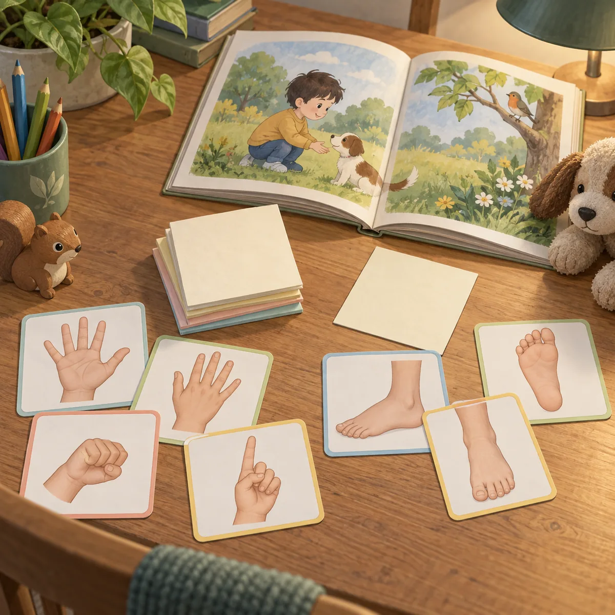 영어 단어가 적힌 메모지와 아이 그림책이 놓인 책상, 손과 발 그림 카드가 함께 펼쳐진 장면
